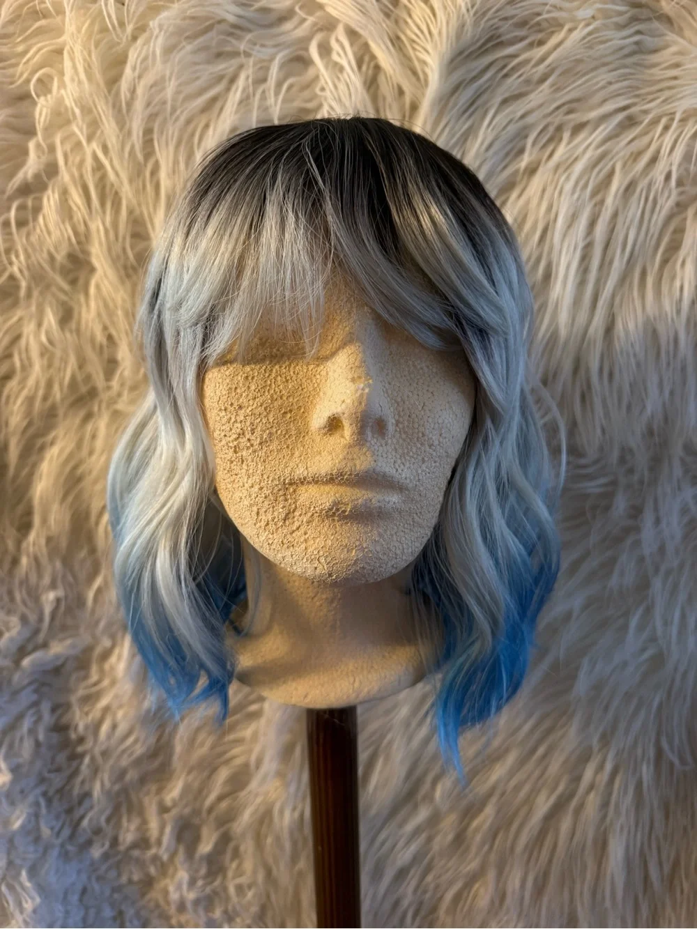 Ombre Blue to Silver Short Wavy Women's Wig with Bangs